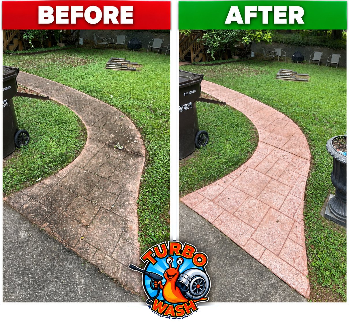 Stamped concrete walkway cleaning in Raleigh, NC, before and after