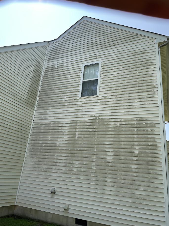 Two-story vinyl siding with heavy algae streaking, before a soft wash